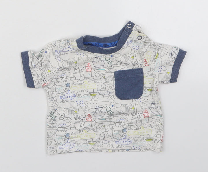 TU Boys Multicoloured Cotton Basic T-Shirt Size 0-3 Months Crew Neck Pullover - Sea Boats Ships Animals