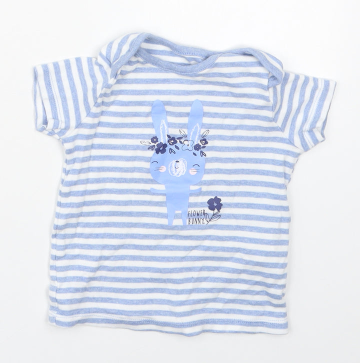 F&F Girls Blue Striped Cotton Basic T-Shirt Size 12-18 Months Round Neck Pullover - Flower Bunny