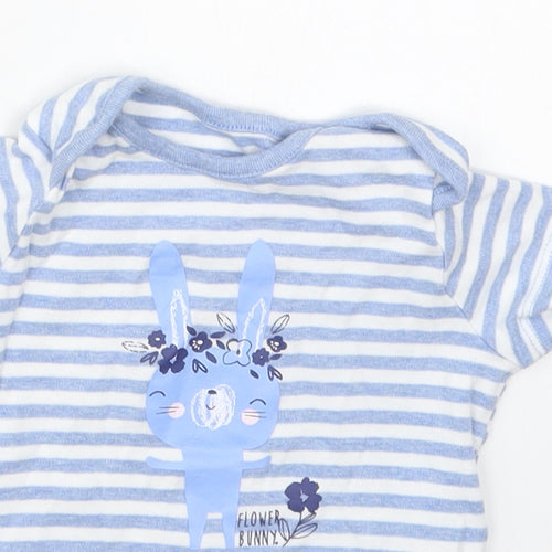 F&F Girls Blue Striped Cotton Basic T-Shirt Size 12-18 Months Round Neck Pullover - Flower Bunny