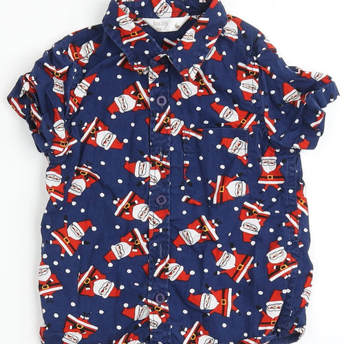 M&Co  Blue  100% Cotton Basic Button-Up Size 12-18 Months Round Neck Button - Santa