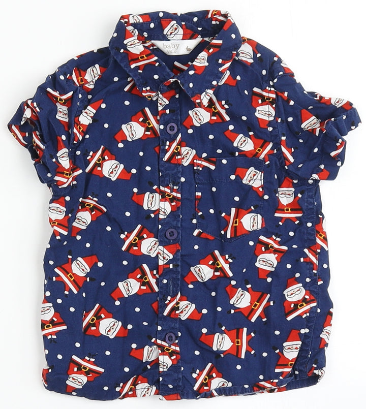 M&Co Blue 100% Cotton Basic Button-Up Size 12-18 Months Round Neck Button - Santa