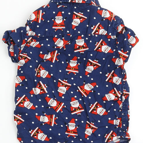 M&Co  Blue  100% Cotton Basic Button-Up Size 12-18 Months Round Neck Button - Santa