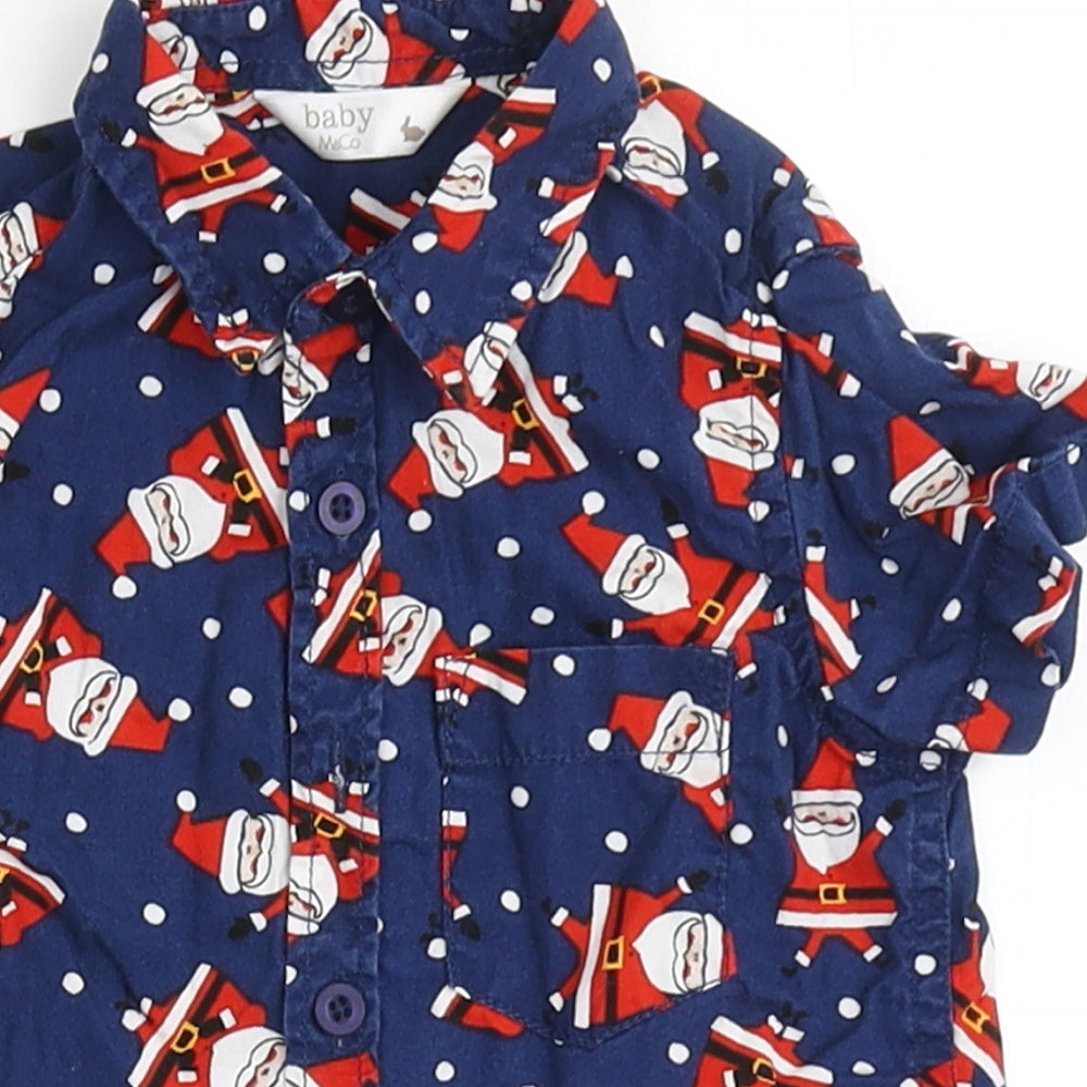 M&Co  Blue  100% Cotton Basic Button-Up Size 12-18 Months Round Neck Button - Santa