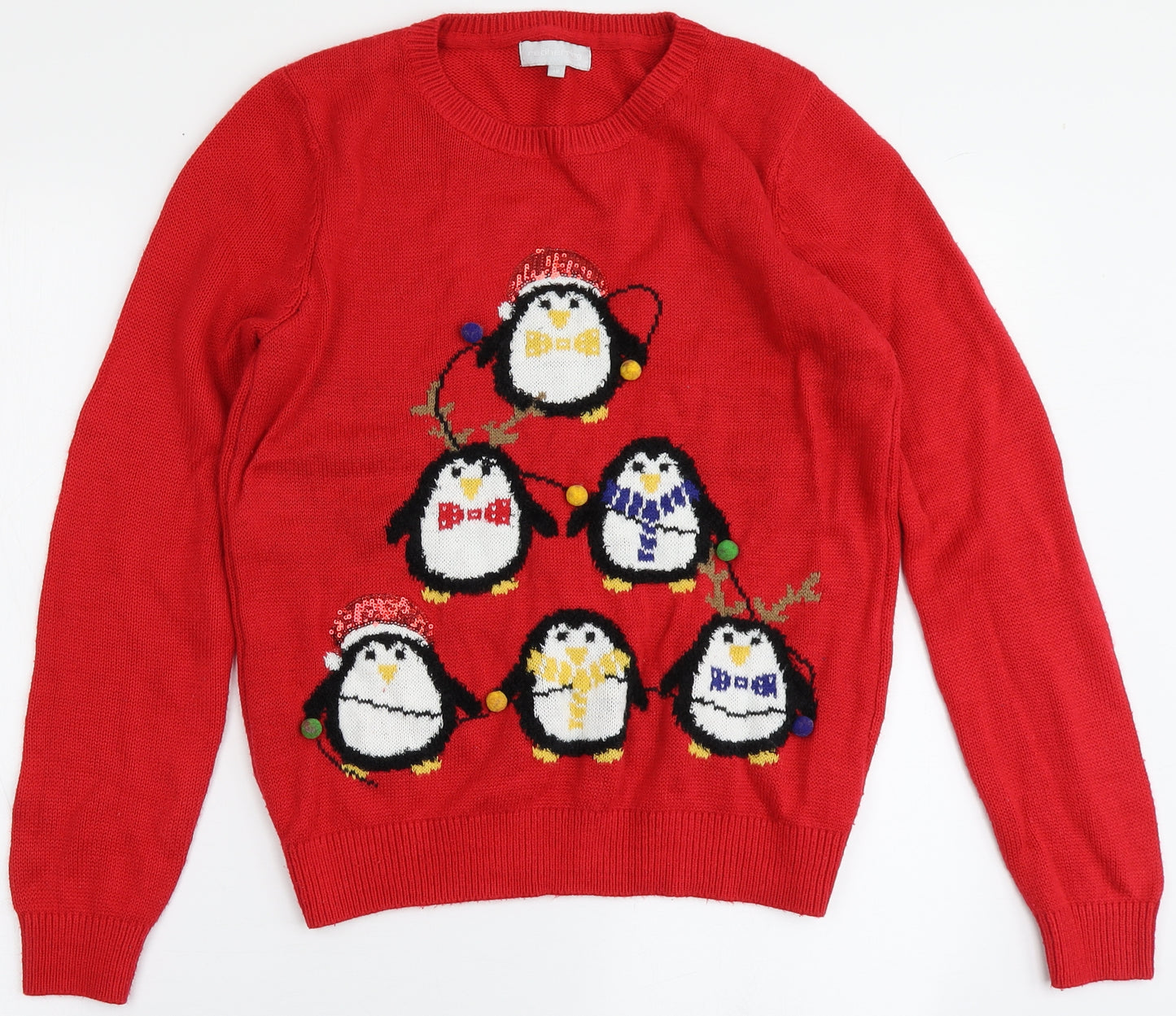 Red Herring Womens Red Round Neck  Acrylic Pullover Jumper Size 12   - Christmas, Penguins