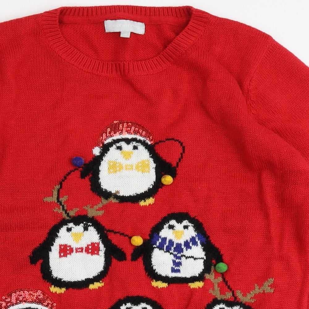 Red Herring Womens Red Round Neck  Acrylic Pullover Jumper Size 12   - Christmas, Penguins