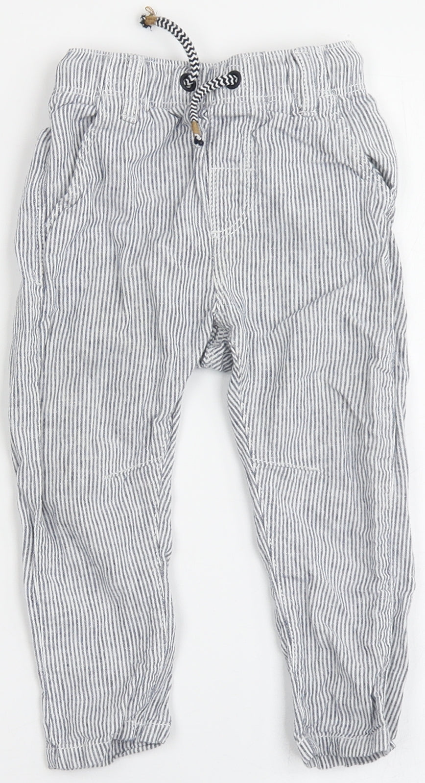 NEXT Boys Blue Striped Linen Cargo Trousers Size 12-18 Months  Drawstring