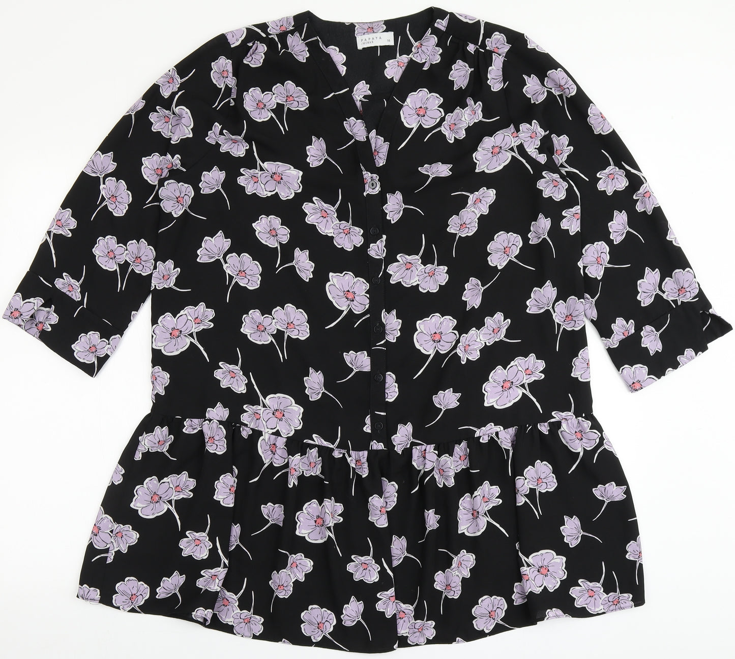 Papaya Womens Black Floral Polyester Basic Blouse Size 14 Round Neck