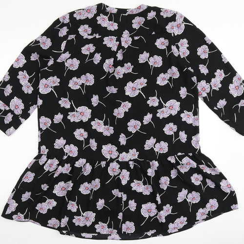 Papaya Womens Black Floral Polyester Basic Blouse Size 14 Round Neck