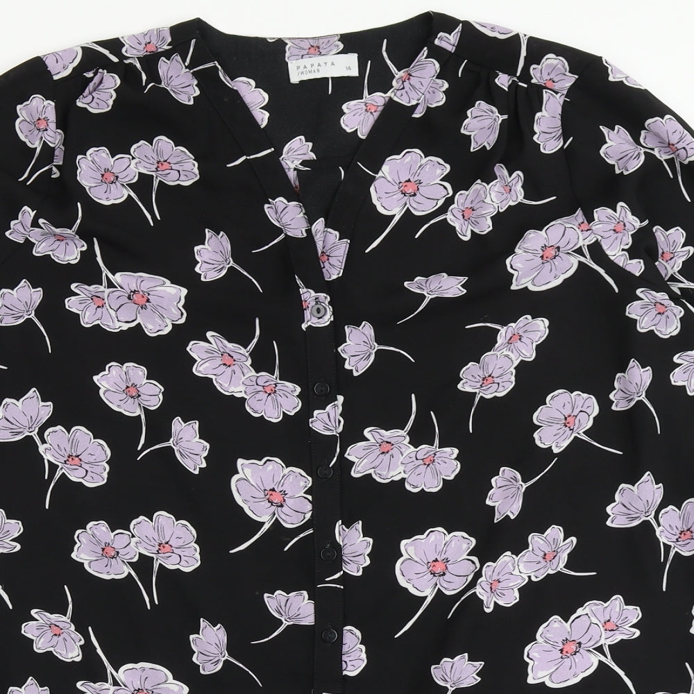 Papaya Womens Black Floral Polyester Basic Blouse Size 14 Round Neck