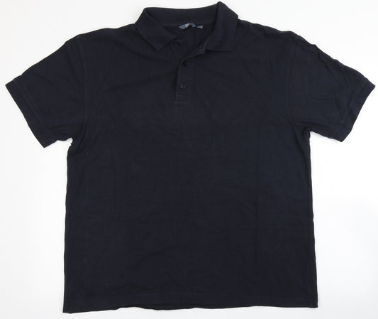 Front view of Easy men’s blue 100% cotton polo, size L, round neck button