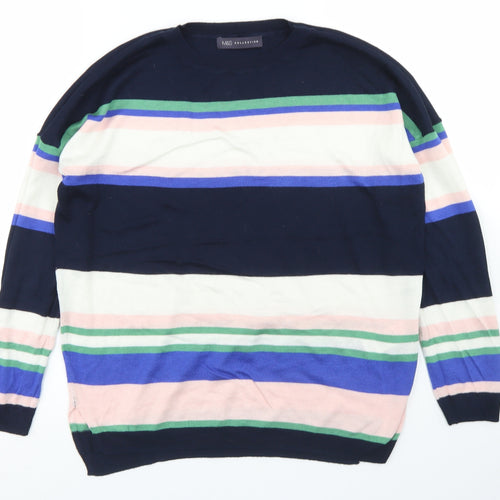 M&S Collection Womens Blue Crew Neck Striped Acrylic Pullover Jumper Size M