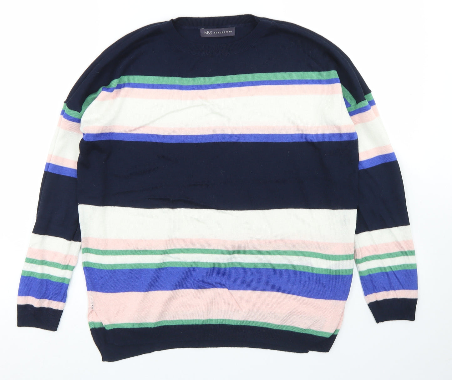 M&S Collection Womens Blue Crew Neck Striped Acrylic Pullover Jumper Size M