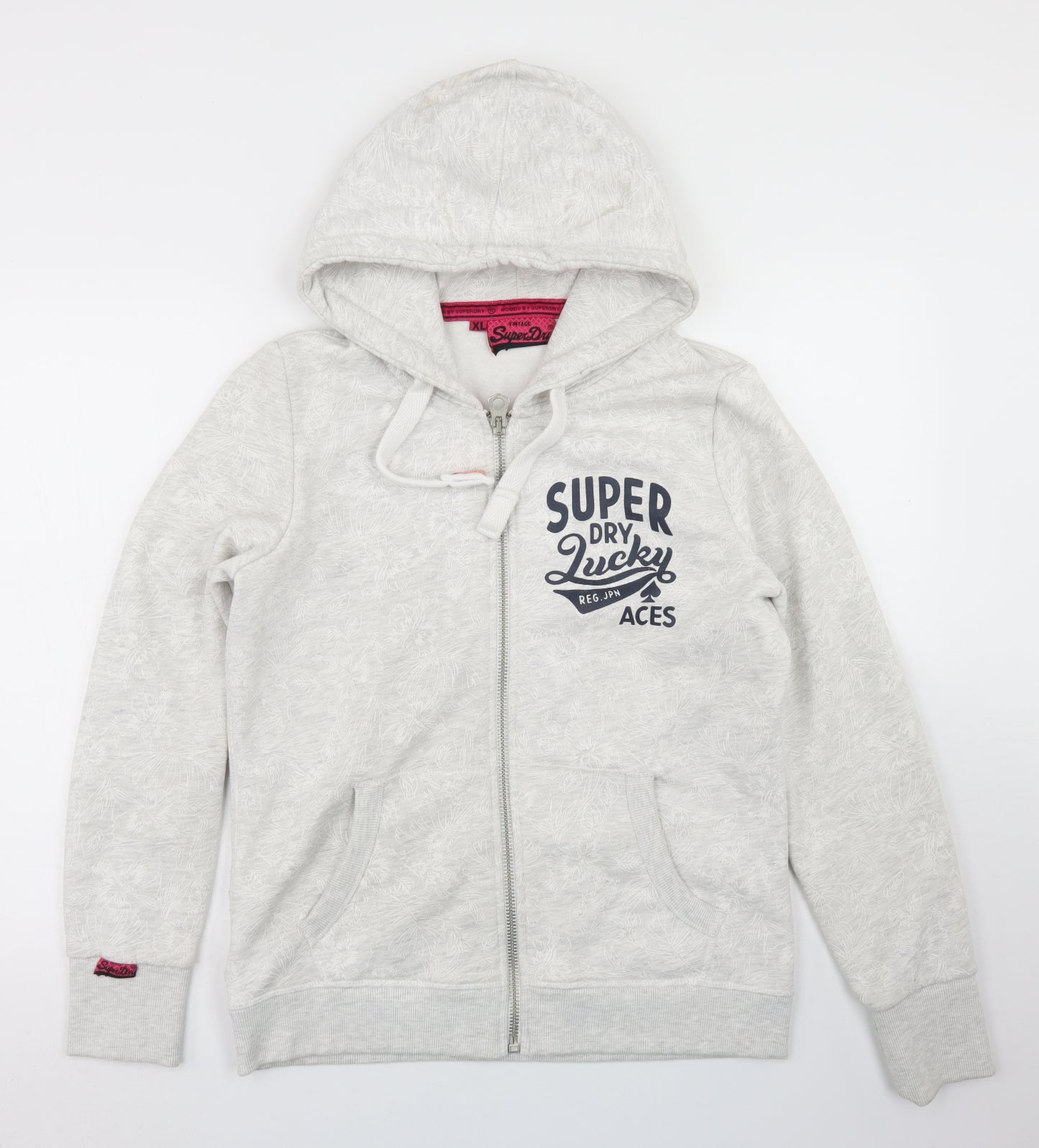 Superdry Mens Grey Floral Cotton Full Zip Hoodie Size XL