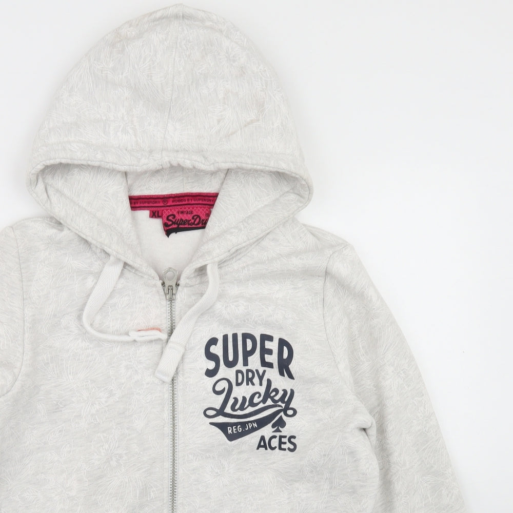 Superdry Mens Grey Floral Cotton Full Zip Hoodie Size XL
