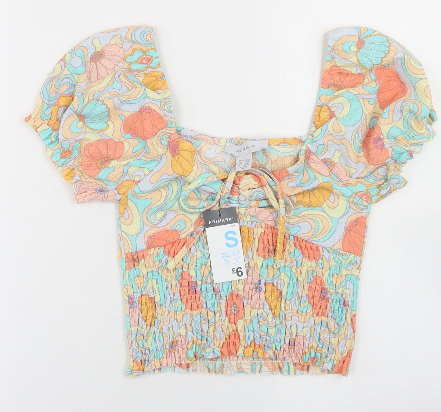 Primark Womens Multicoloured Geometric Polyester Cropped T-Shirt Size S Square Neck