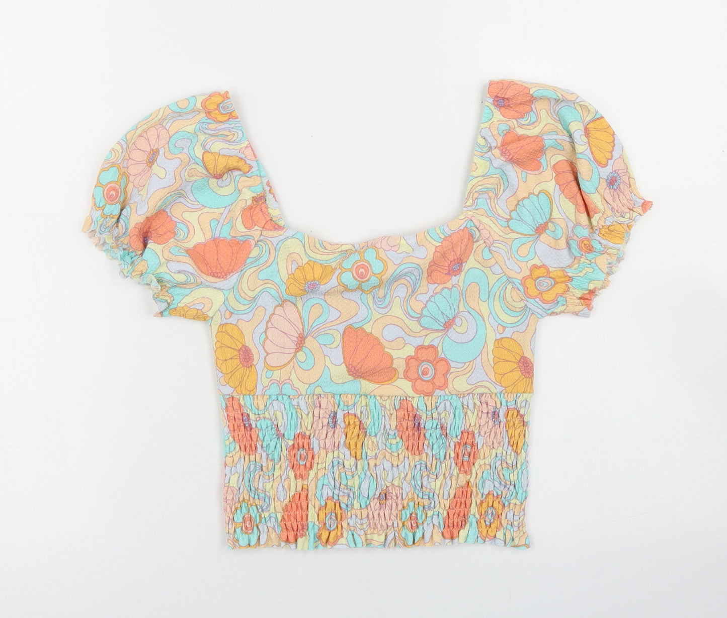 Primark Womens Multicoloured Geometric Polyester Cropped T-Shirt Size S Square Neck