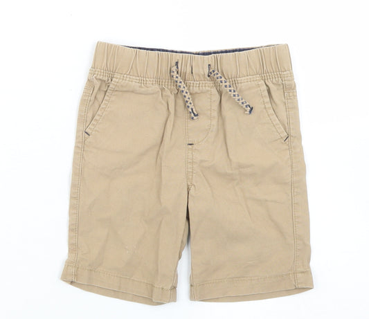 Front view of Primark boys’ brown cotton cropped trousers, size 12-18, months drawstring