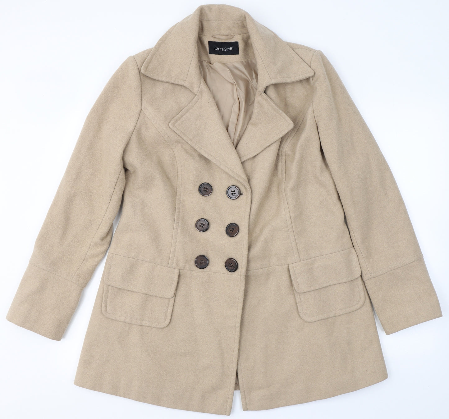 Laura Scott Womens Beige   Pea Coat Coat Size 16  Buckle