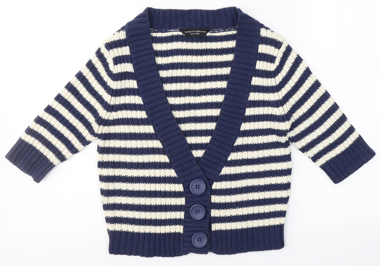 Dorothy Perkins Womens Blue V-Neck Striped Cotton Cardigan Jumper Size 12