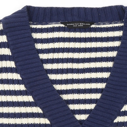 Dorothy Perkins Womens Blue V-Neck Striped Cotton Cardigan Jumper Size 12