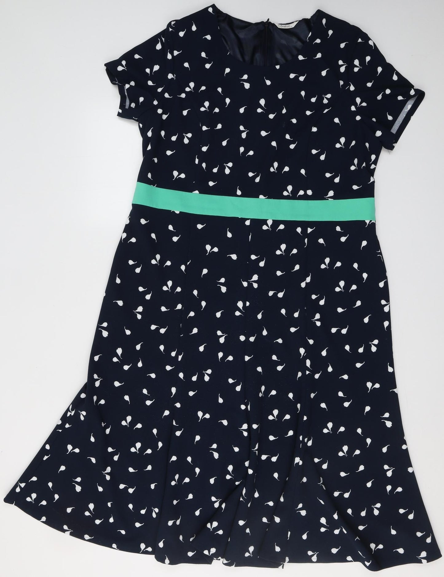 Avalon Womens Blue Floral Polyester Fit & Flare  Size 18  Round Neck Zip - Flowers, belt effect
