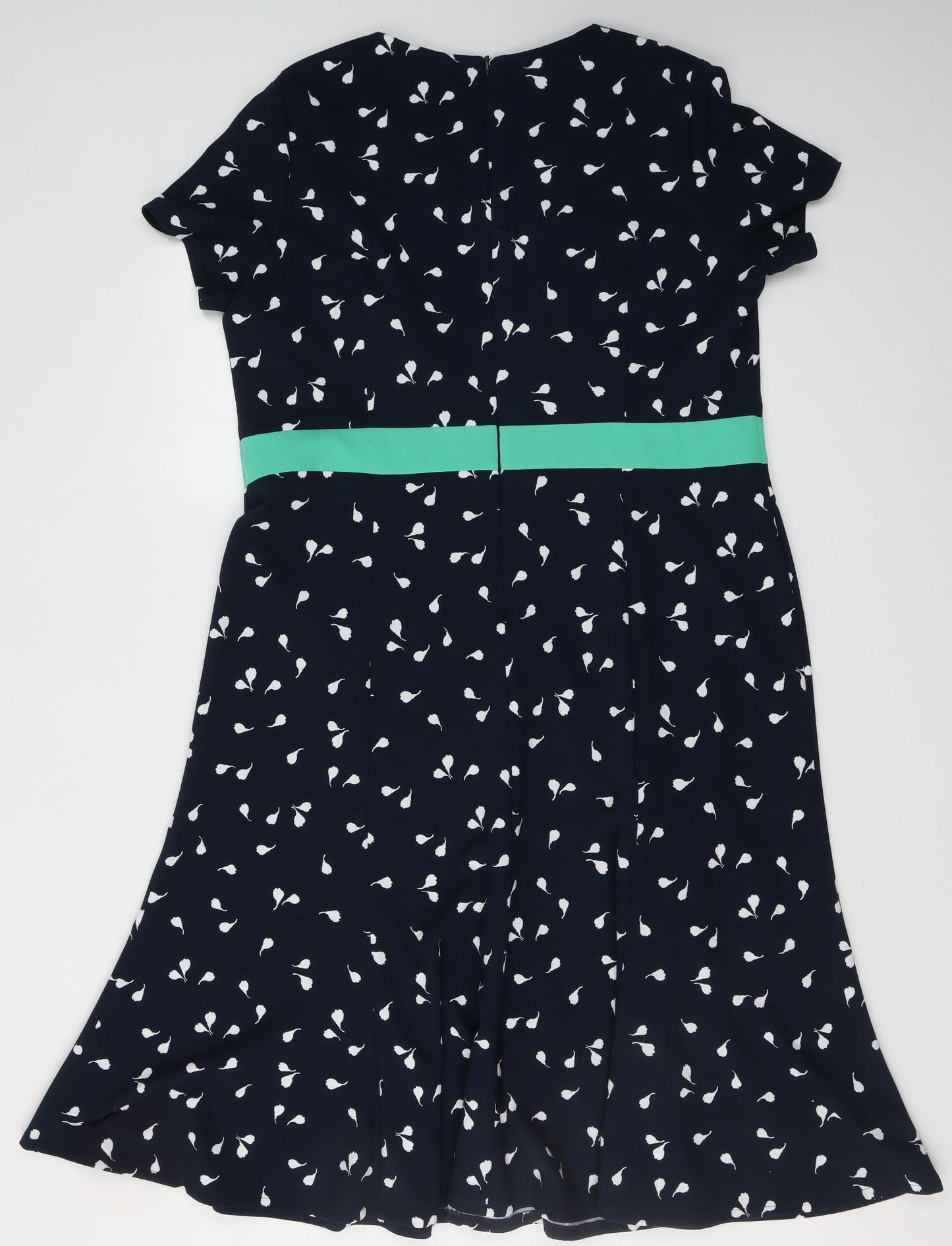 Avalon Womens Blue Floral Polyester Fit & Flare  Size 18  Round Neck Zip - Flowers, belt effect