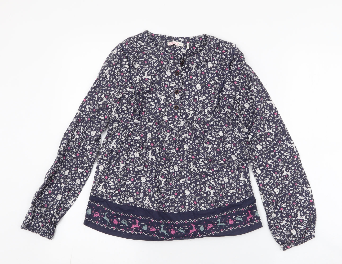 Fat Face Girls Blue Floral 100% Cotton Tunic Blouse Size 8-9 Years Round Neck Button - deers christmas