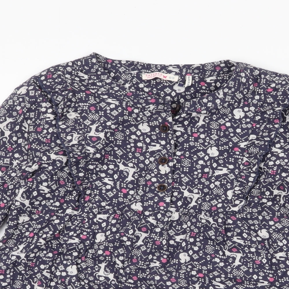 Fat Face Girls Blue Floral 100% Cotton Tunic Blouse Size 8-9 Years Round Neck Button - deers christmas