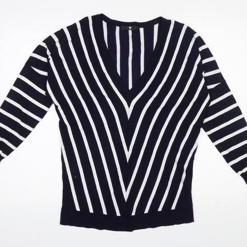 Very Womens Blue V-Neck Striped Viscose Pullover Jumper Size 8