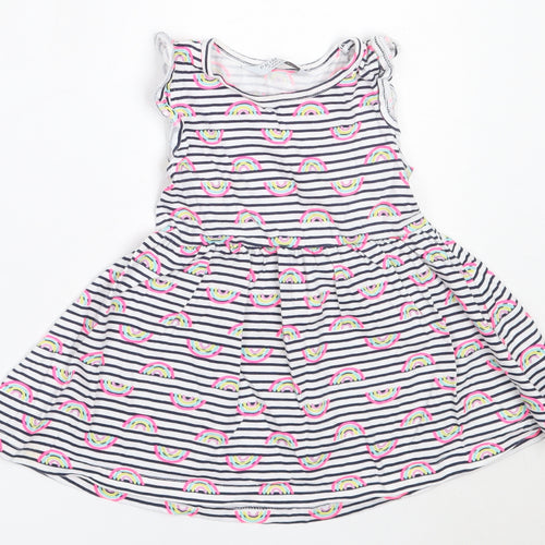 Primark Girls White Striped Cotton Fit & Flare  Size 2-3 Years  Round Neck