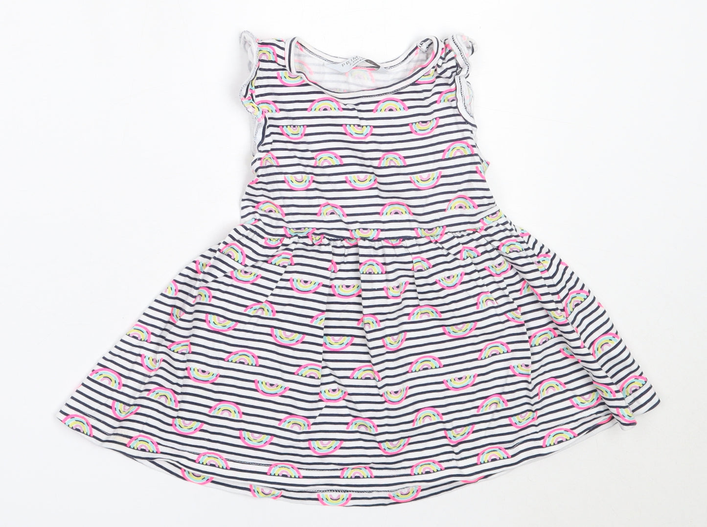 Primark Girls White Striped Cotton Fit & Flare  Size 2-3 Years  Round Neck