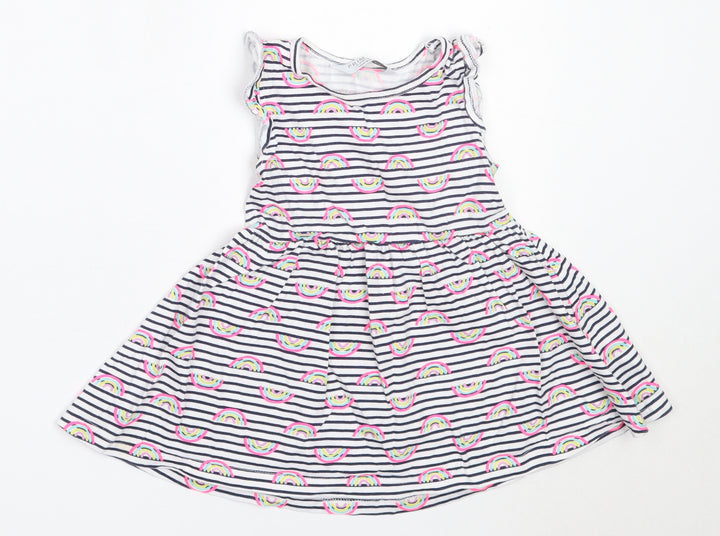 Primark Girls White Striped Cotton Fit & Flare  Size 2-3 Years  Round Neck