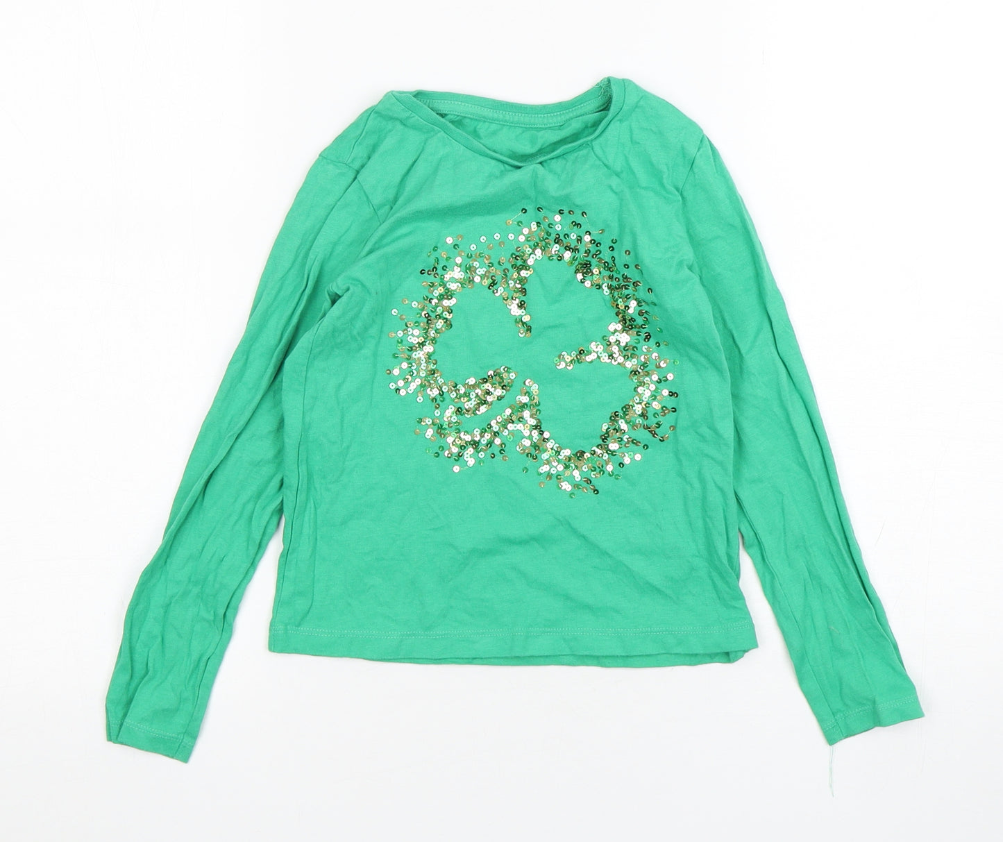 Dunnes Stores Girls Green  Cotton Basic T-Shirt Size 6-7 Years Round Neck Pullover - Clover