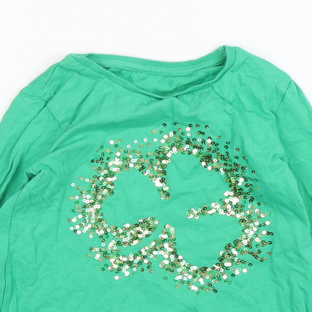 Dunnes Stores Girls Green  Cotton Basic T-Shirt Size 6-7 Years Round Neck Pullover - Clover
