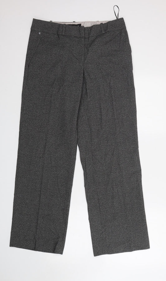 Front view of NEXT women’s grey polyester trousers, size UK 12, 32-inch leg regular zip