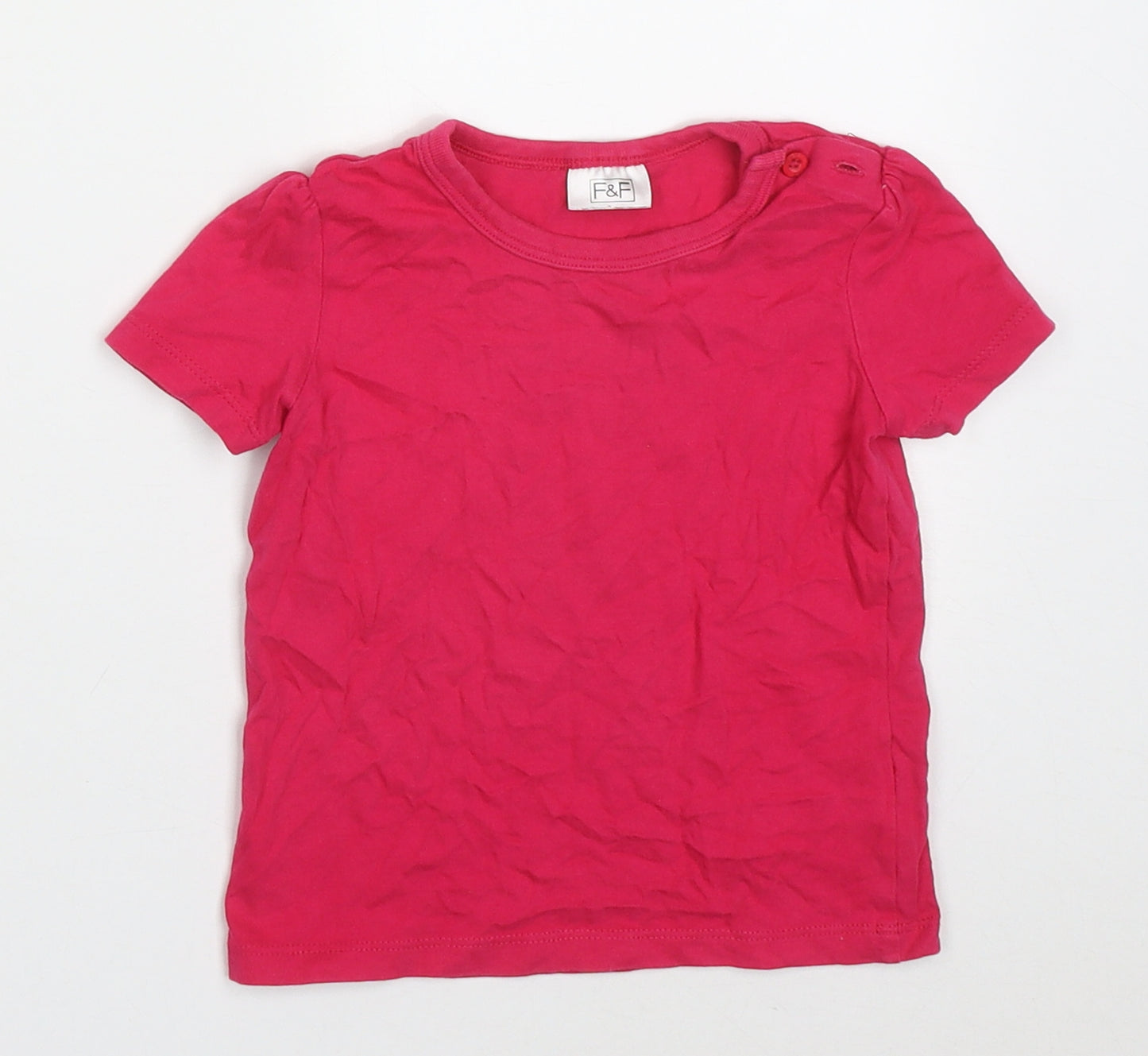 F&F Girls Pink  Cotton Basic T-Shirt Size 9-12 Months Crew Neck Button