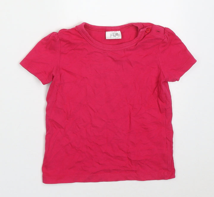 F&F Girls Pink Cotton Basic T-Shirt Size 9-12 Months Crew Neck Button