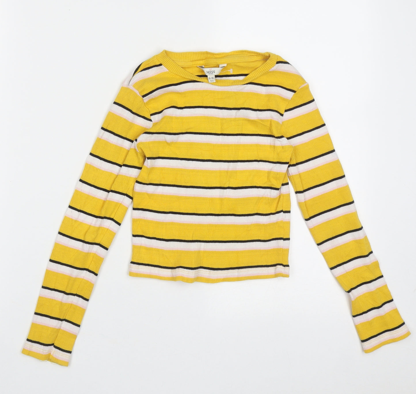 Miss Evie Girls Yellow Striped Cotton Basic Casual Size 9-10 Years Crew Neck Pullover