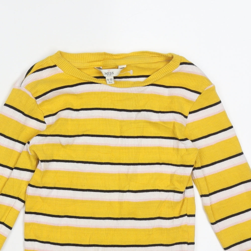 Miss Evie Girls Yellow Striped Cotton Basic Casual Size 9-10 Years Crew Neck Pullover