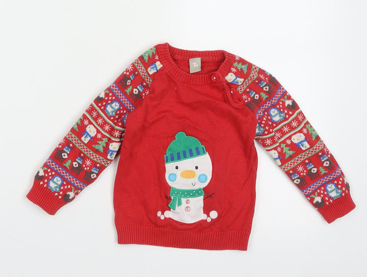 TU Boys Red Geometric Cotton Pullover Jumper Size 12-18 Months  Button - snow man