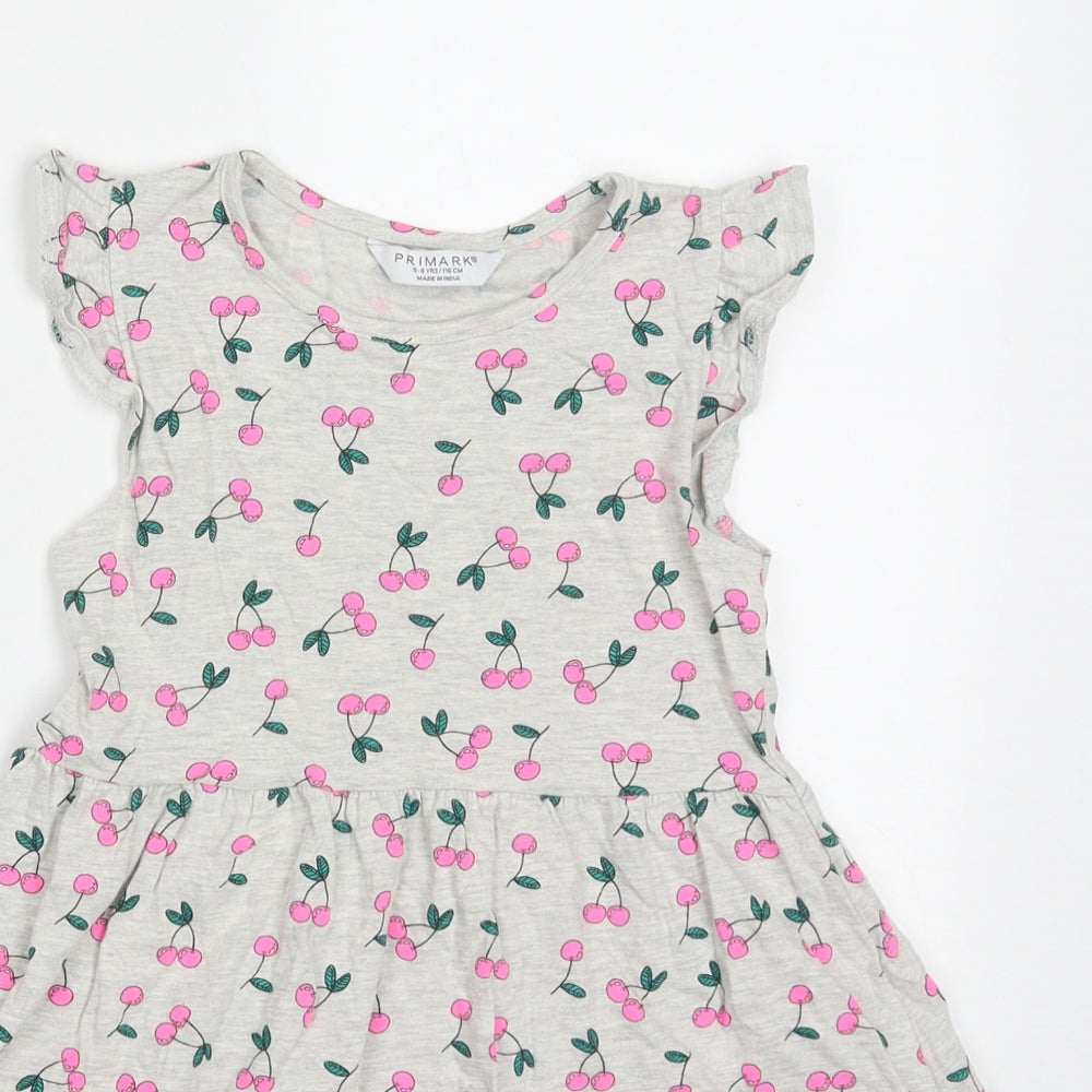 Primark Girls Grey Geometric Cotton A-Line  Size 5-6 Years  Crew Neck Pullover - Cherry pattern