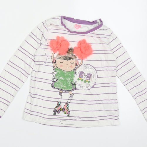 Marks and Spencer Girls White Striped Cotton Basic Casual Size 5-6 Years Crew Neck Pullover - little roller girl