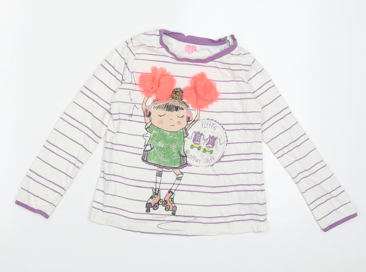 Marks and Spencer Girls White Striped Cotton Basic Casual Size 5-6 Years Crew Neck Pullover - little roller girl