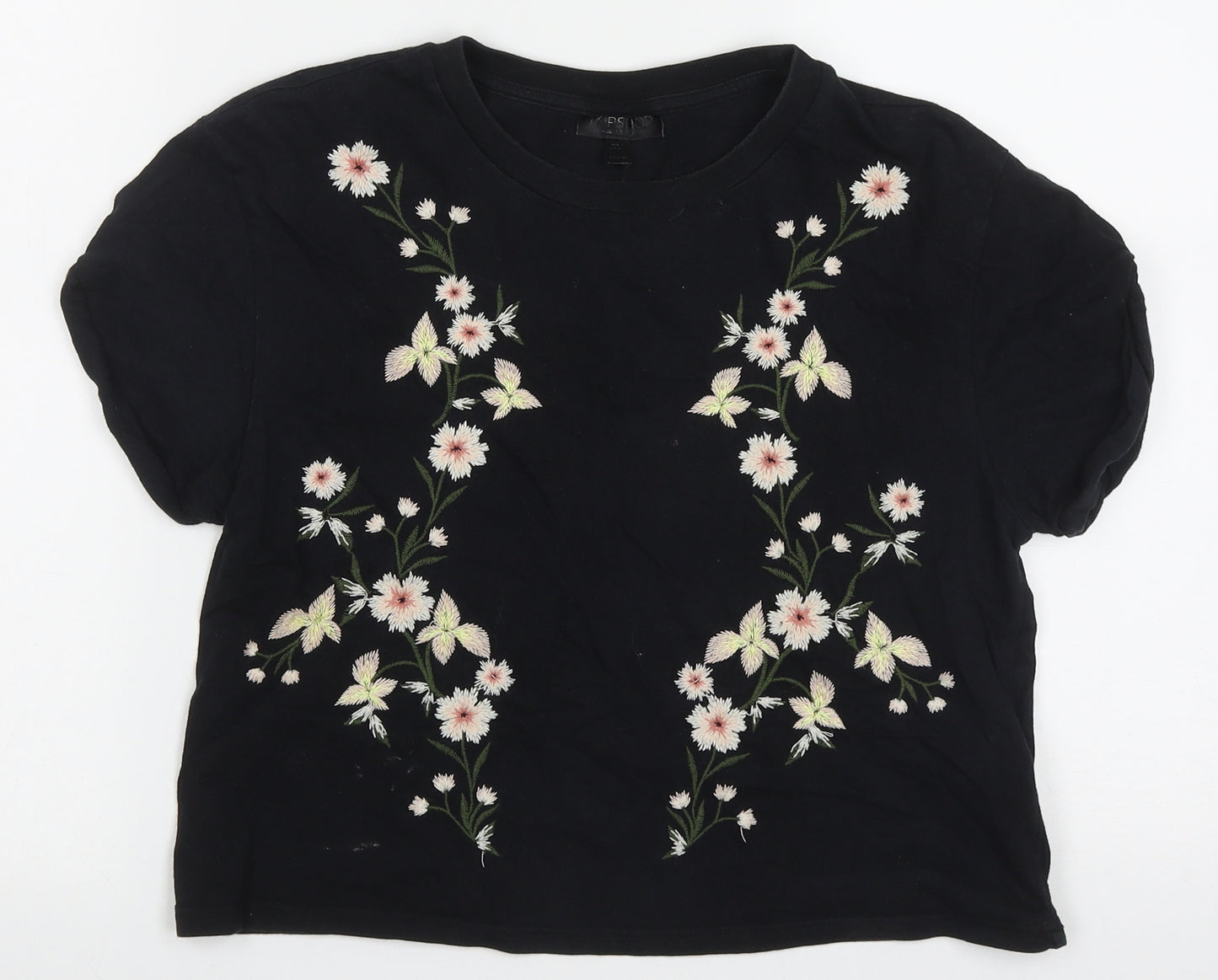 Topshop Womens Black Floral Cotton Cropped T-Shirt Size 8 Crew Neck