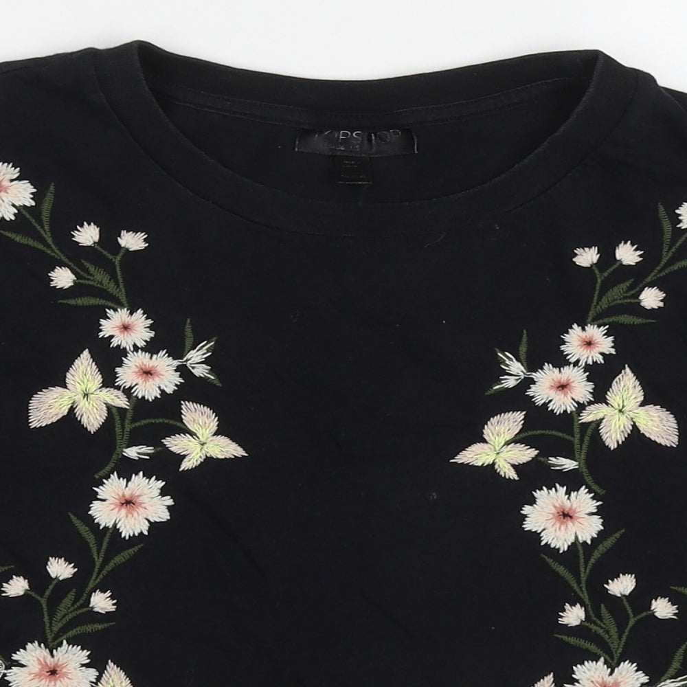 Topshop Womens Black Floral Cotton Cropped T-Shirt Size 8 Crew Neck