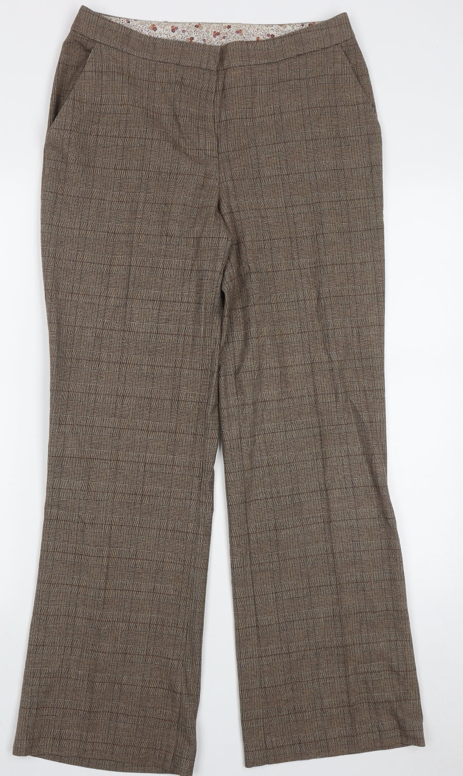 Marks and Spencer Womens Brown Check Polyester Trousers  Size 10 L30 in Regular Hook & Eye