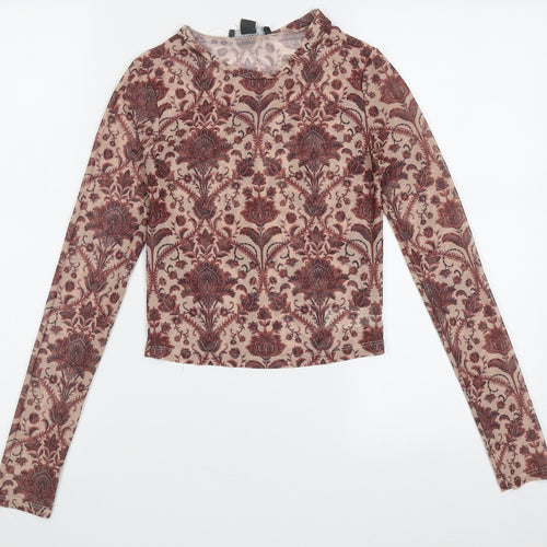 Primark Womens Red Geometric Polyester Cropped T-Shirt Size 2XS Crew Neck