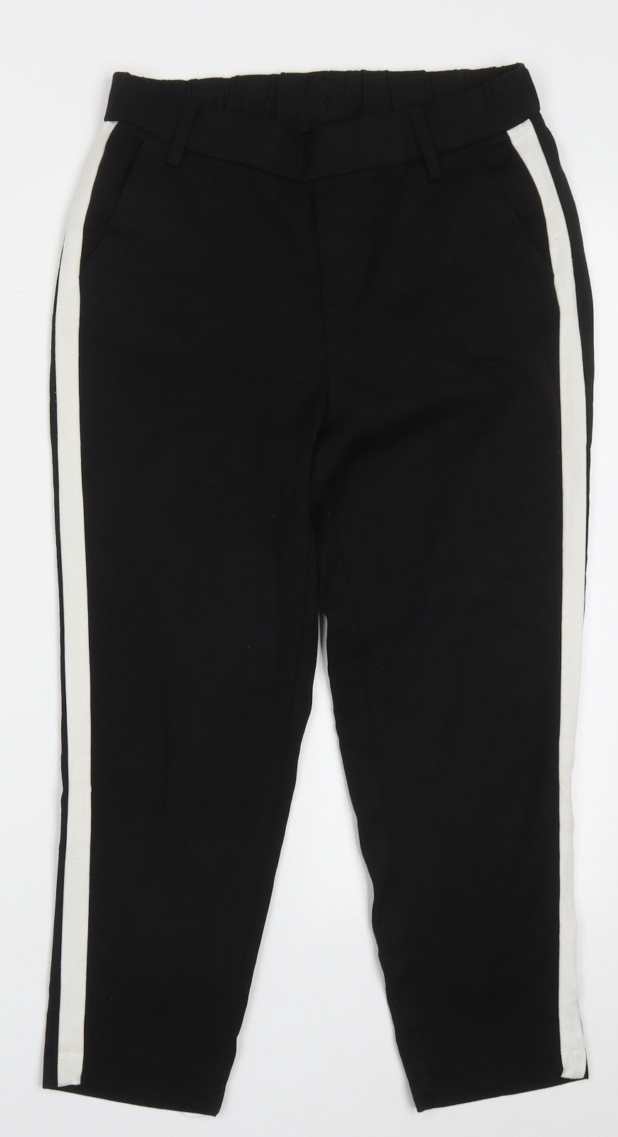 Preworn Womens Black Striped Polyester Cropped Trousers Size 10 L24 in Regular