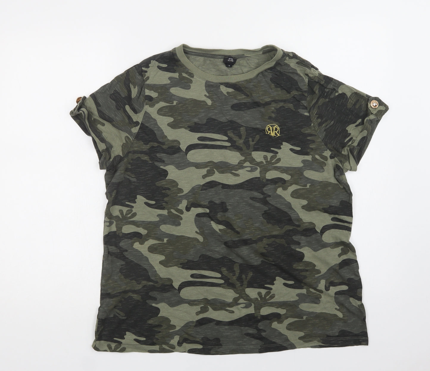 River Island Womens Green Camouflage Cotton Basic T-Shirt Size 16 Crew Neck