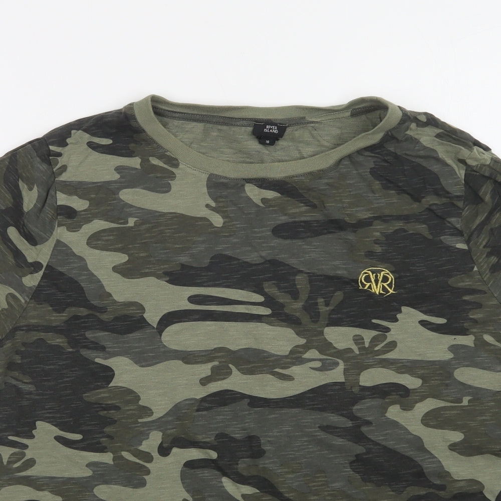 River Island Womens Green Camouflage Cotton Basic T-Shirt Size 16 Crew Neck